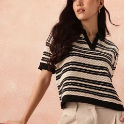 all about you Horizontally Self-Striped Shirt Collar Drop-Shoulder Top-picture-11
