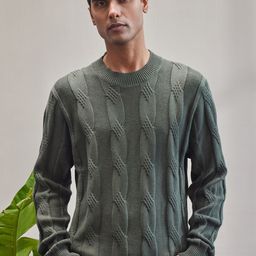 Mr Bowerbird Men Self Design Long Sleeves Cotton Cable Knit Casual Pullover-picture-15