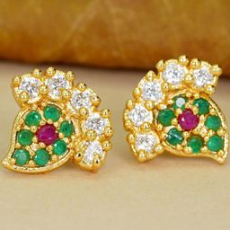 Anouk Women Gold Plated Floral With Green And White Artificial Stones Studs Earrings-61