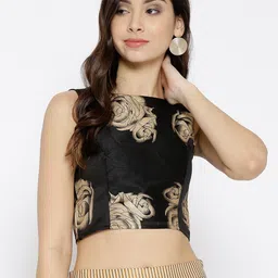 Ira Soleil Women Black 7 Golden Printed Crop Top-image-5