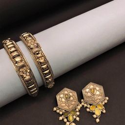 Anouk Set of 3 Silver Plated & Floral Pastel Green Stone Studded Earrings & Bangles-picture-44
