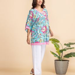 Bella Mama Three Fourth Sleeves Maternity Top Floral Print - Blue-image-97