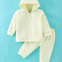 I Bears 100% Cotton Fleece Knit Full Sleeves Hooded Night Suit Moon Embroidery - Green-image-26