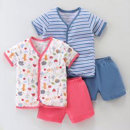OHMS Cotton Single Jersey Knit Half Sleeves Night Suit Stripes & Jungle Safari Theme Pack Of 2 - Blue & Pink-image-98