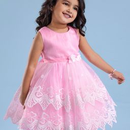 Babyhug Woven Sleeveless  Fit & Flare Lace Party Frock With Floral Corsage  - Pink-image-38