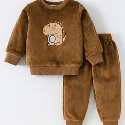 Kookie Kids Full Sleeves Winter Night Suit with Dino Print - Brown-picture-22