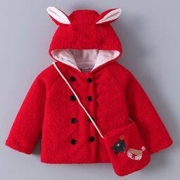 Kookie Kids Full Sleeves Hooded Sweatshirt With Ears Applique & Side Purse - Red-image-49