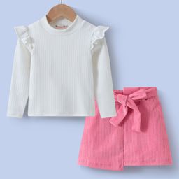 Kookie Kids Cotton Knit Full Sleeves Frill Detailed Top & Corduroy Skirt Set - White & Pink-image-36
