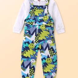 Babyhug Single Jersey Knit Dungaree and Full Sleeves Solid Color T-Shirt Set - Green Blue & White-image-13