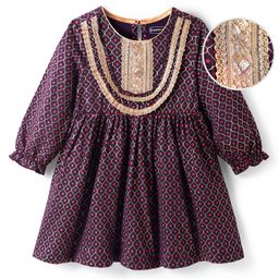 EARTHY TOUCH Single Jersey Knit Full Sleeves Printed Ethnic Dress - Purple-image-67