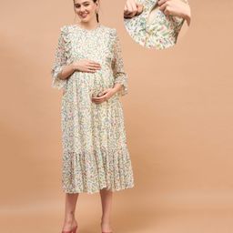 Shades Of Sabi Three Fourth Sleeves Floral Printed  Maternity Nursing Dress With Nursing Access - Off white-image-50