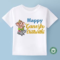 BLUSHES Ganesha Theme 100% Cotton Half Sleeve Ganesh Chaturthi Printed Tee-White-image-53
