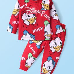Babyhug Disney Cotton Knit Full Sleeves Night Suit With Donald Duck & Friends Print - Red-image-91