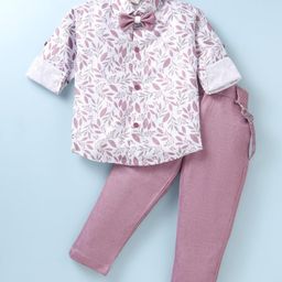 Rikidoos Full Sleeves Leaves Printed Shirt With Pant Suspender & Bow Set - White & Onion Pink-image-52