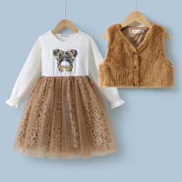 Kookie Kids Full Sleeves Cheetah Print Designed Party Frock With Fur Jacket - White-image-41