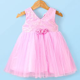 Babyhug Woven Sleeveless Party Dress With Floral Corsage & Sequinned Yoke - Pink-picture-34