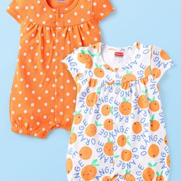 Babyhug Interlock Knit Half Sleeves Rompers With Fruit & Polka Dot Print Pack of 2 - Orange & White-image-89