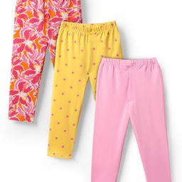Babyhug Cotton Lycra Knit Full Length Floral & Polka Dots Printed Leggings With Stretch Pack Of 3 - Pink Yellow & Red-image-81