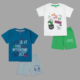 Tiny Hugs Cotton Pack Of 2 Half Sleeves Dinosaur & Typography Printed Tees & Shorts Set - Multi Colour-image-13