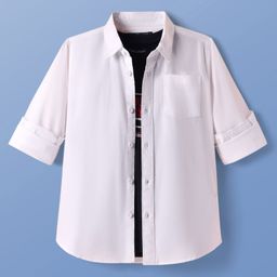 Pine Kids 100% Cotton Full Sleeves Solid Coloured Shirt With Inner Tee - White-image-71