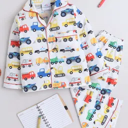 Knitting Doodles Pure Cotton Woven Full Sleeves Cars Printed Coordinating Night Suit Set - White-picture-34