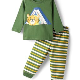 Babyhug Cotton Knit Full Sleeves Night Suit With Stripes & Animal Print - Olive Green & Yellow-image-105