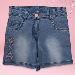 Cutecumber Butterfly Text Embroidered Mild Washed Denim Shorts - Blue-image-78