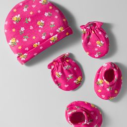 Babyhug 100% Cotton Interlock Knit Cap Mittens & Booties Set With Floral Print Pink - Diameter 30 cm-picture-47