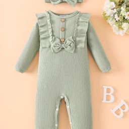 Mark & Mia Full Sleeves Winter Wear Romper with Frill Detailing Bow Applique & Headband - Light Green-picture-24