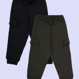 Kiddopanti Pack Of 2 Cotton Fleece Knit Solid Cargo Pocket Detailed Track Pants - Military Green & Black-picture-33