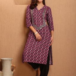 Sangria Women Ajrak Printed & Yoke Embroidered Straight Kurta-49