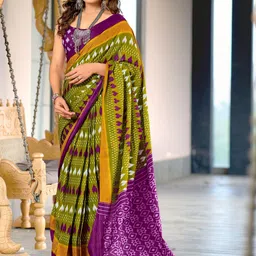 Moda Rapido Green & Purple Batik Pure Cotton Block Print Saree-picture-24