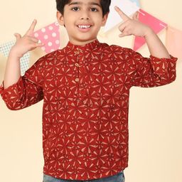 Fabindia Boys Bagru Geometric Printed Band Collar Roll-Up Sleeves Cotton Short Kurta-8