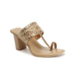 TWIN TOES Women Mirror Work Ethnic Block Heel Sandals-image-77