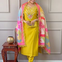 Fashion Care Women Ethnic Motifs Embroidered Regular Kurti with Trousers & With Dupatta-image-56
