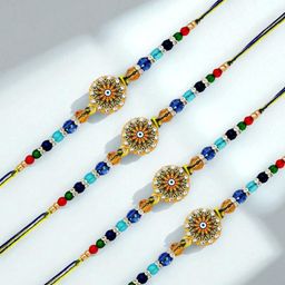 ADIVA Set Of 4 Evil Eye CZ Studded & Beaded Rakhi With Pooja Thali & Roli Chawal-image-87