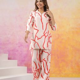 JISORA Women's Red Printed Silk Top With Trousers Co-Ord Set-picture-41