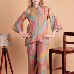DARVI Aurora Swirl Printed Mandarin Collar Top With Palazzo-17