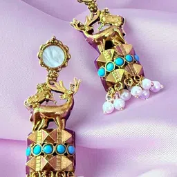 Anouk Women Blue Stone & Pearl Drops Royal Deer Motif Earrings-picture-32
