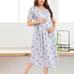 MomsBae Conversational Printed Cotton Maternity Fit & Flare Midi Dress-image-34