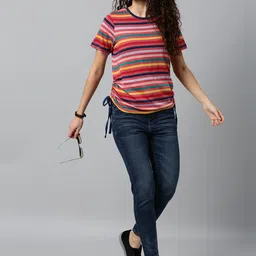 The Roadster Lifestyle Co Women Red Striped Round Neck Pure Cotton T-shirt-image-128