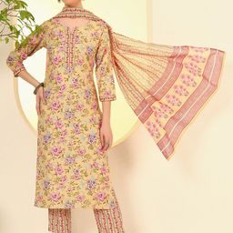 Spera Floral Printed Notch-Neck Straight Kurta With Trousers And Dupatta-image-66