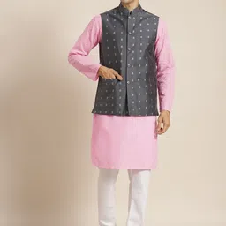 SOJANYA Men Pink Chikankari Pure Cotton Kurta with Churidar & Nehru Jacket-picture-18