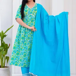 SAK JAIPUR Women Floral Printed Regular Pure Cotton Kurta with Palazzos & With Dupatta-image-89