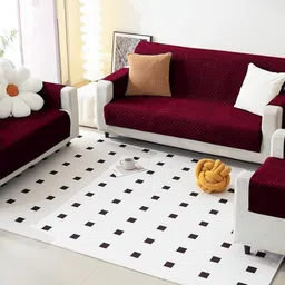 Fashion Throw Maroon Checked Velvet 3 Piece Sofa Cover With Arms-image-80