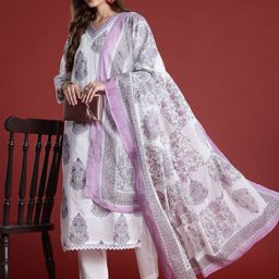 Indo Era Floral Printed Sequinned V-Neck Pure Cotton Kurta with Trousers & Dupatta-picture-21