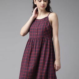 The Roadster Lifestyle Co Women Red & Navy Pure Cotton Checked A-Line Dress-image-37