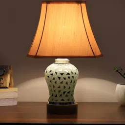 Devansh Off White Textured Frustum Shaped Wooden Table Lamp With Mosaic Glass Base-8