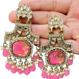 OPUS GEMS Artificial Stones Studded And Beaded Floral Shaped Drop Earrings-picture-20