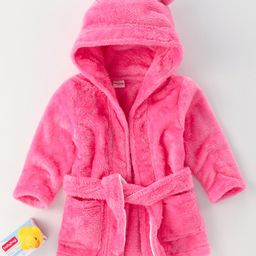 Babyhug Velour Cotton Knit Full Sleeves Hooded Bath Robe With Ear Flaps- Pink-image-88